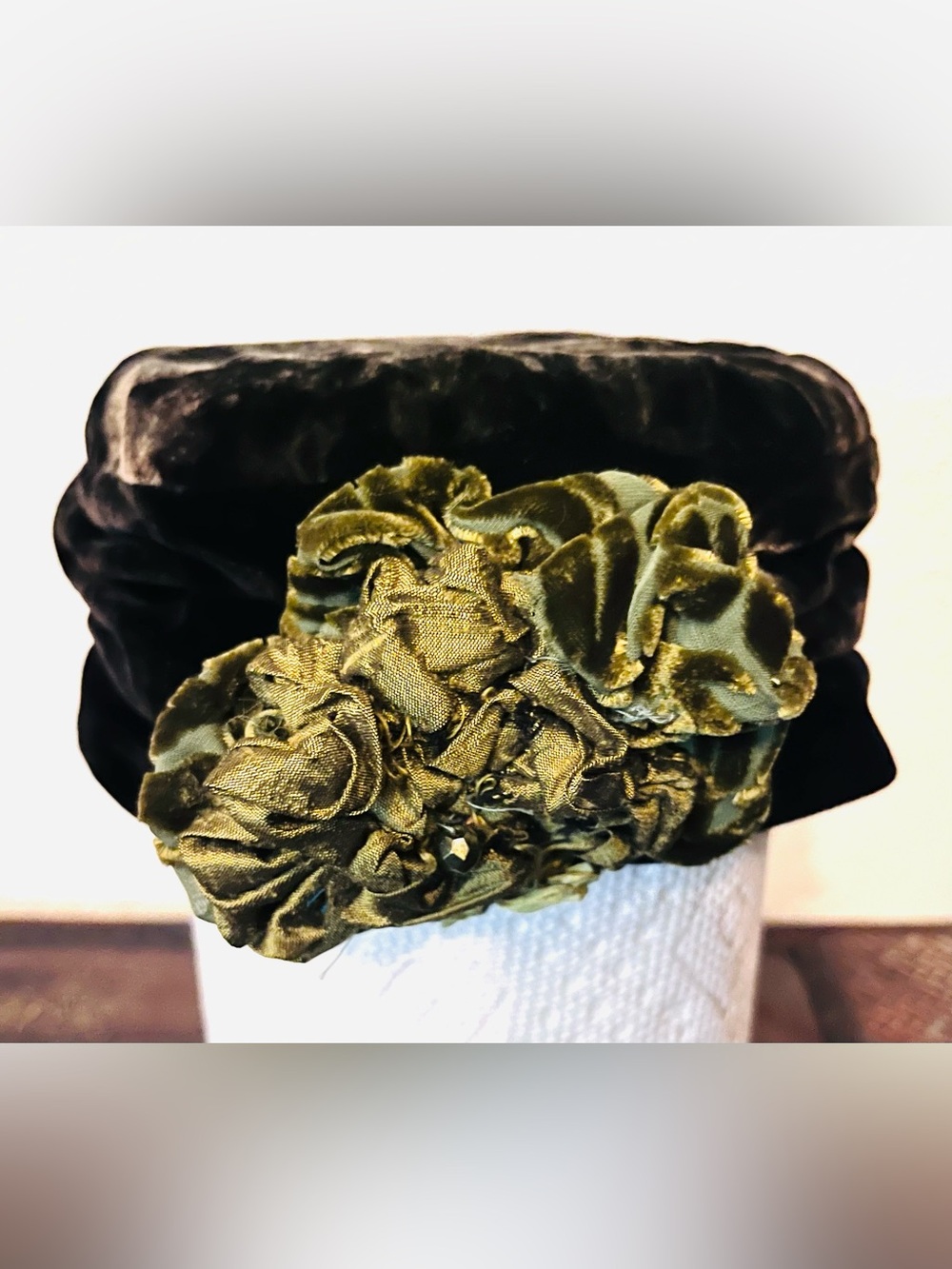 Vintage Velvet Olive Green Floral Scrunchie Hat